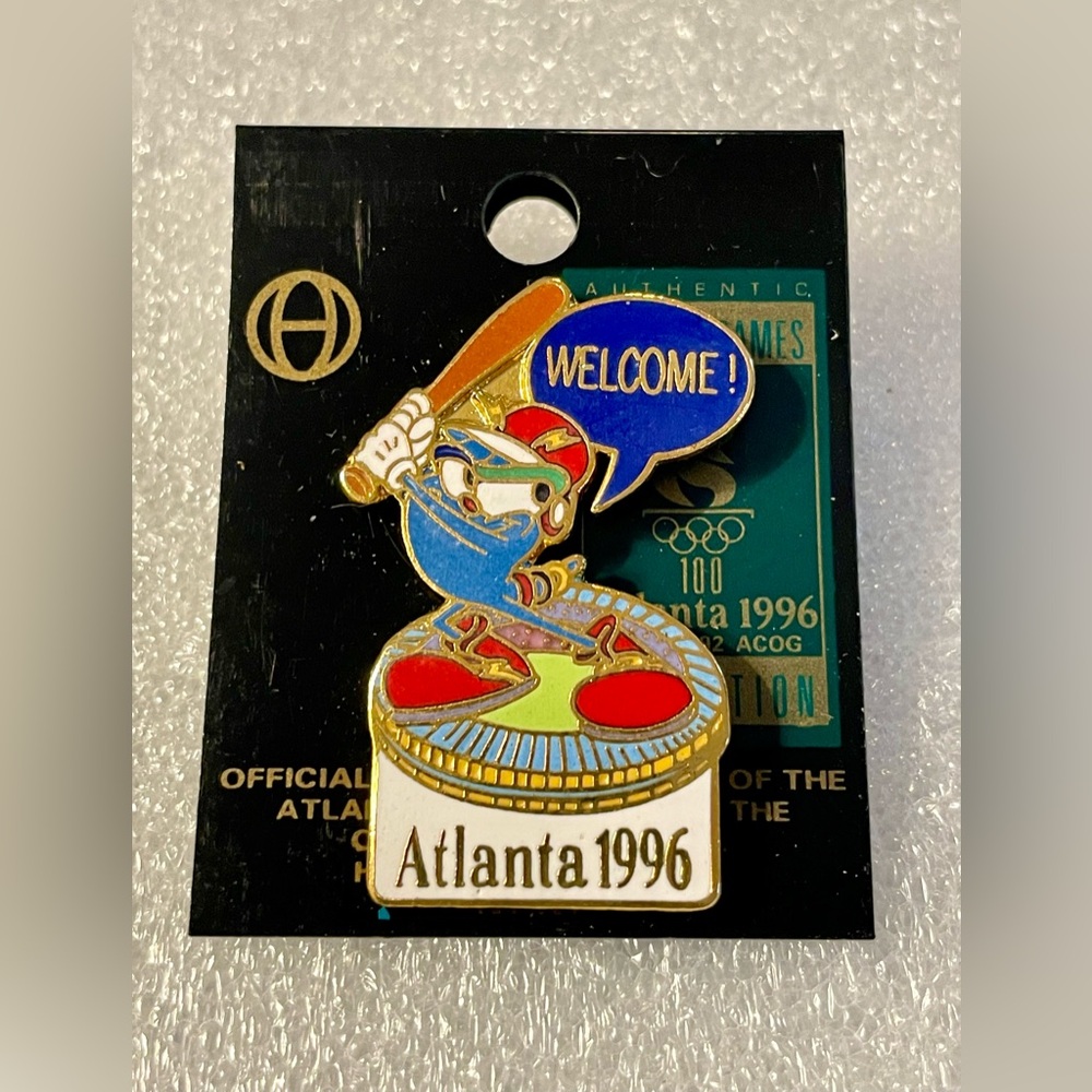 NWT Izzy 1996 Atlanta Olympics Flaming Torch Baseball Push Back Lapel Pin